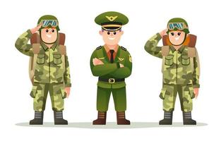 Cute army captain with male and female soldiers carrying backpack character set vector