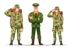 Army captain with man and woman soldiers carrying backpack character set vector