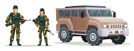 Man and woman army soldiers holding weapon guns with military vehicle cartoon illustration vector