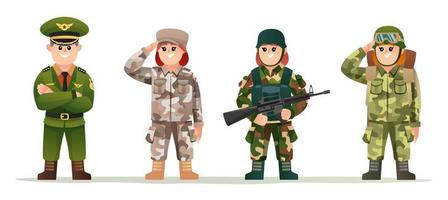 lindo pequeño capitán del ejército con mujeres soldados en varios disfraces de camuflaje juego de caracteres