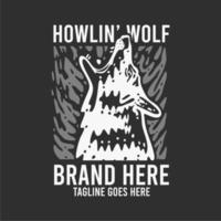 diseño de camiseta lobo aullando con lobo y fondo negro ilustración vintage