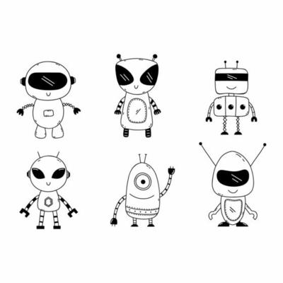 Doodle set robot. Coloring book for kids with alien. Set of cute monster stickers.