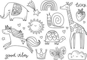 Cute hand drawn childish illustration in black and white. Kids coloring pages. Animal, fairytale, summer characters for kids and baby. Elephant, unicorn, giraffe, sun, rainbow, snail, butterfly. vector