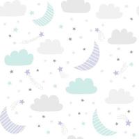 Moon and stars vector pattern. Night sky, cosmos, space seamless background in light pastel colors.