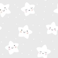 Baby seamless pattern with cute smiling and sleeping stars in scandinavian style. Vector night sky background illustration.