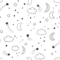 Hand drawn night sky vector pattern with linead doodle moon, stars and clouds. Cute night sky seamless background.