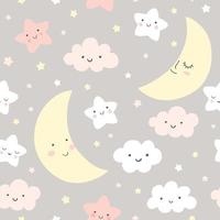 Night sky vector pattern. Cute smiling moon, stars, clouds seamless background. Baby print in soft, pastel colors.