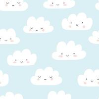 Smiling clouds vector pattern. Cute sky seamless background. Hand drawn illustration for babies, kids.