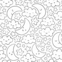 ute, funny vector pattern with smiling moon, stars and clouds. Hand drawn linear night sky seamless background.