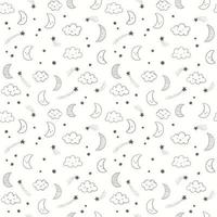 Hand drawn night sky vector pattern with smiling moon, stars and clouds. Cute linear night sky seamless background.