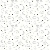 Hand drawn night sky vector pattern with smiling moon, stars and clouds. Cute linear night sky seamless background.