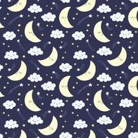 Hand drawn night sky vector pattern with smiling moon, stars and clouds on a dark background. Cute night sky seamless background.