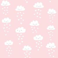 Vector pattern with cute smiling clouds with heart rain. Valentine's day seamless background.