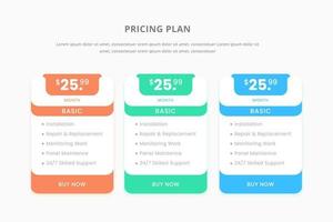 concepto de tabla de precios en diseño vectorial realista. plan o precio de suscripción del elemento web ui. plantilla de interfaz de marketing o promoción del sitio web. tabla comparativa de productos. presentación de plantilla. diseño web vector