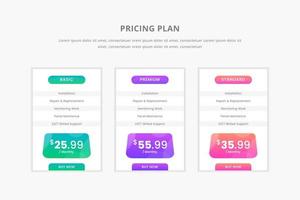 concepto de tabla de precios en diseño vectorial realista. plan o precio de suscripción del elemento web ui. plantilla de interfaz de marketing o promoción del sitio web. tabla comparativa de productos. presentación de plantilla. diseño web vector