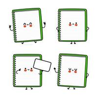 Funny cute happy note pad characters bundle set. Vector hand drawn doodle style cartoon character illustration icon design. Isolated on white background. Cute note pad mascot character collection