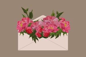 Pink peonies in an open envelope. vector