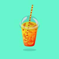 Lemonade with orange slices in transparent disposable plastic cup with a sphere dome and a striped straw. vector