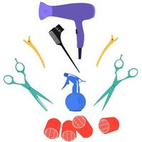 Barber set vector stock illustration. Comb, scissors, hair dryer, curling iron, clips, hairpins, nail polish, curling iron. A pattern for a beauty salon and barbershop. Isolated on a white background.