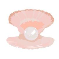 perla en la ilustración de stock de vector de concha. concha marina de tonos nacarados con una gran cuenta en su interior. ostra. Una pieza de joyería. póster. Aislado en un fondo blanco.