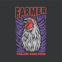 diseño de camiseta granjero con pollo y fondo gris ilustración vintage vector