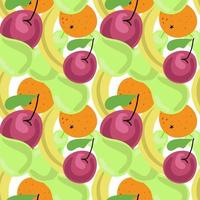 Seamless pattern. Bright fruits. Oranges, bananas, cherries and pears. Vector in flat style. Suitable for textiles, packaging.