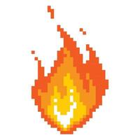 Falling fireball pixel icon. Burning fire with glowing yellow core red flame after powerful explosion with flying vector sparks