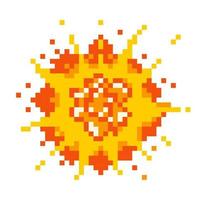 Destructive pixel explosion. Red detonation burst of energy with yellow fire flaming and glowing blazing vector sparks