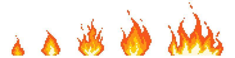 Stages of pixel fire ignition. Small red bonfire turning into fiery hell consequences of explosion blazing with raging vector flame