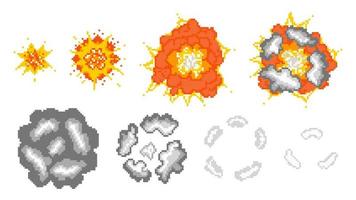 etapas ilustración destructiva de explosión de píxeles. aumento inicial del destello en la bola de fuego y detonación poderosa roja con dispersión de humo y nubes grises vectoriales de desaparición vector