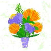 Bouquet flowers in vase hand drawn illustration. Orange fluffy chrysanthemum with bright blue hydrangeas and green leaves vintage pot wild beauty fields in decorative vector impressionism