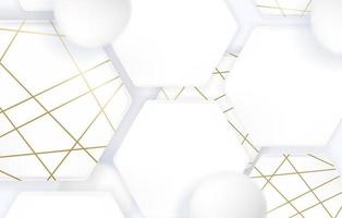 3d soft white geometric hexagon shape elements with golden decor strips. Minimal clean background design. Vector illustration