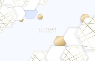 3d soft white geometric hexagon shape elements with golden decor strips. Minimal clean background design. Vector illustration