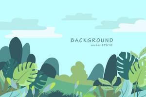 Spring and summer environment background or banner design with lovely flowers, leaves, mountain, landscape and sky element. EPS10 vector illustration