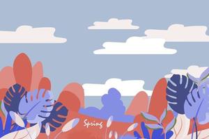 diseño de fondo o banner de ambiente de primavera y verano con hermosas flores, hojas, montaña, paisaje y elemento de cielo. ilustración vectorial eps10