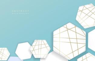 3d soft white geometric hexagon shape elements with golden decor strips. Minimal clean background design. Vector illustration