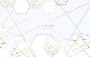 3d soft white geometric hexagon shape elements with golden decor strips. Minimal clean background design. Vector illustration