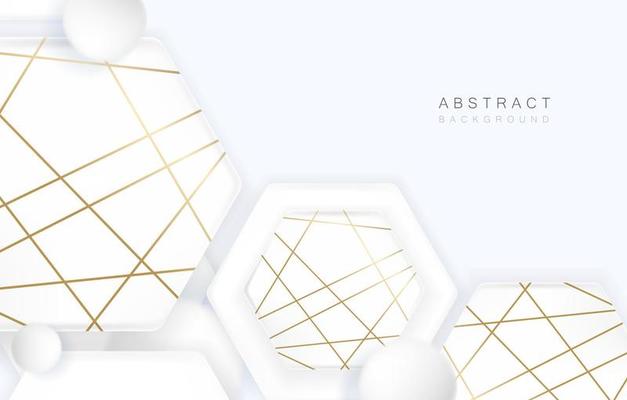 3d soft white geometric hexagon shape elements with golden decor strips. Minimal clean background design. Vector illustration