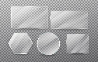 Realistic transparent glass window set. Collection of Glass plates on transparent background. Acrylic and glass texture with glares and light. Rectangle frame. Vector
