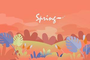 diseño de fondo o banner de ambiente de primavera y verano con hermosas flores, hojas, montaña, paisaje y elemento de cielo. ilustración vectorial eps10 vector