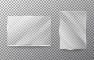 Realistic transparent glass window set. Collection of Glass plates on transparent background. Acrylic and glass texture with glares and light. Rectangle frame. Vector