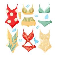 A set of summer swimsuits for women. Painted elements in flats style. Bathing suits in different styles and patterns. Joyful, bright palette. vector