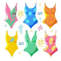 Set of summer swimwear for women. Flats style painted elements. Bathing suits with different prints. Summer, ocean, sea. Beach vacation. Joyful, bright palette. vector
