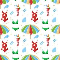 Seamless pattern of summer elements, hand-drawn in cartoon style. Cute swimsuits, umbrellas and cool cocktails on a white background. Summer fun dough background. vector