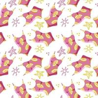 Seamless swimsuit pattern, hand-drawn in cartoon style. Pink bathing suits with orange print on white background. Girls, women. Sun and starfish elements in doodle style. Summer fun background. vector