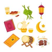 conjunto plano de ramadan kareem mubarak elemento de ilustración vectorial. varios tipos de elementos de eid mubarak dibujados a mano se agrupan en colores, adecuados para pegatinas o tarjetas de felicitación vector