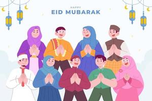 Ramadan kareem mubarak happy moslem family celebrating eid al fitr to all muslim, with kids children and parents. suitable for Greeting card, invitation and banner. flat vector illustration