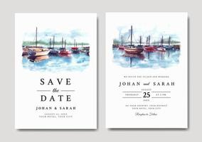 Watercolor wedding invitation of nature landscape with harbor and boat