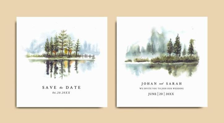 Watercolor wedding invitation with reflection of pine trees in lake