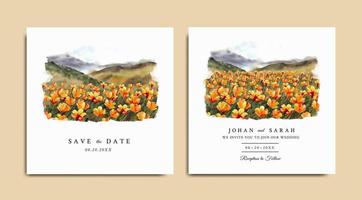 Wedding invitation of nature landscape with beautiful orange flowers watercolor vector